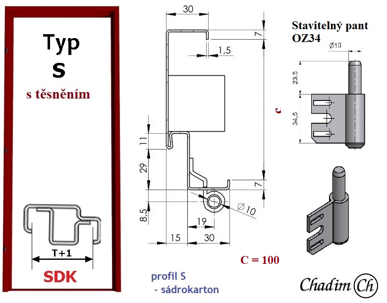 Ocelová zárubeň pro sádrokarton - typ S D.T. + OZ 34 - profil 100