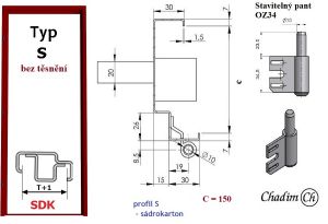 Ocelová zárubeň pro sádrokarton - typ S OZ 34 - profil 150